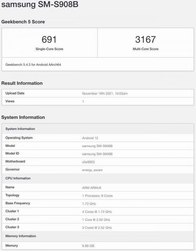 三星galaxy s22 ultra跑分曝光：多核3167分